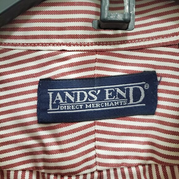 Lands' End Men's Burgundy White Stripe Monogram MJW LS Button Up Sz 17.5 - 35 - Picture 3 of 5